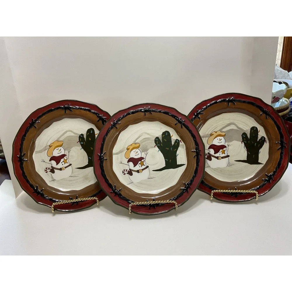 Sonoma‎ Happy Trails Holiday Cowboy Snowman Dinner Plates Set of 3 Western 8.5